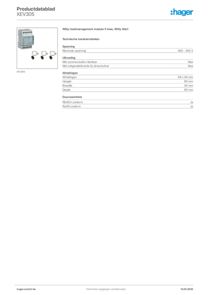 Afbeelding Hager Productdatablad XEV305 | Hager Belgium