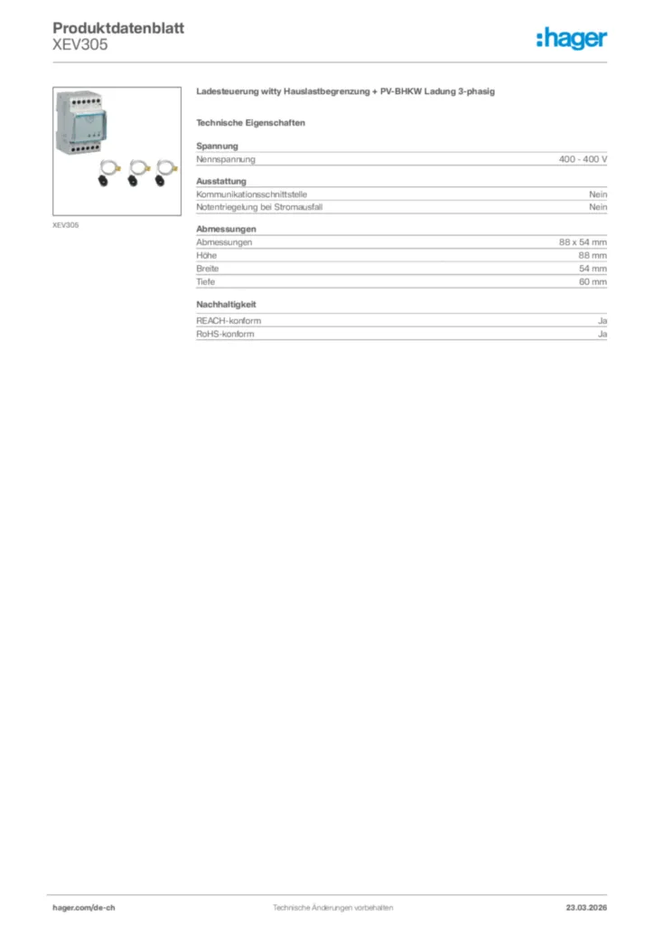 Bild Hager Produktdatenblatt XEV305 | Hager Schweiz