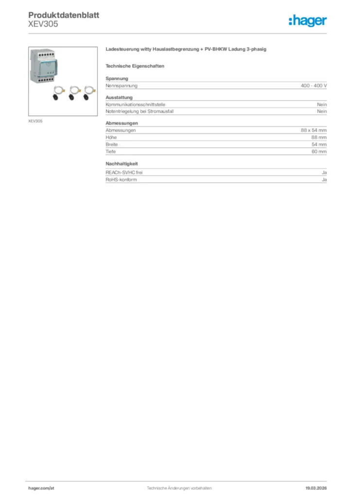 Bild Hager Produktdatenblatt XEV305 | Hager Deutschland