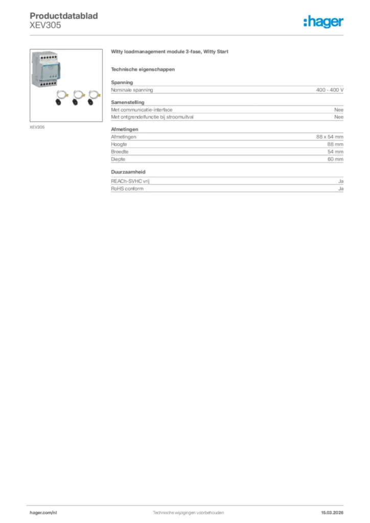 Afbeelding Hager Productdatablad XEV305 | Hager Nederland