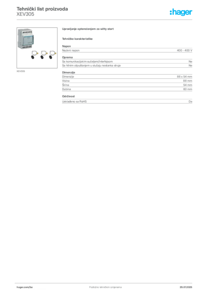 Slika Hager Product data sheet XEV305  | Hager