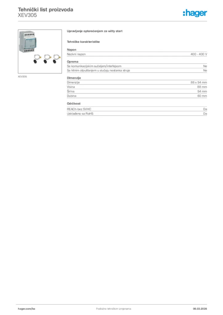 Slika Hager Tehnički list proizvoda XEV305  | Hager