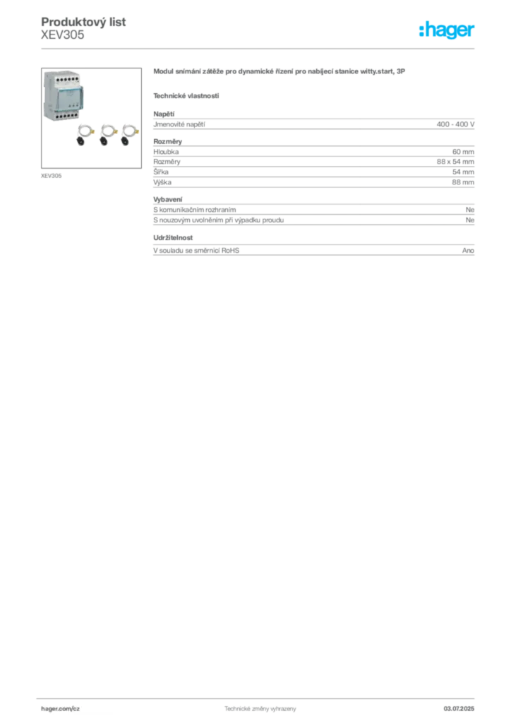 Obrázek Hager Produktový list XEV305 | Hager