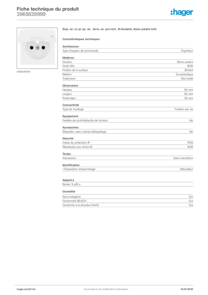 Image Hager Fiche technique du produit 3965838999 | Hager Belgique
