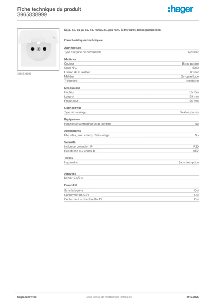 Image Hager Fiche technique du produit 3965838999 | Hager Belgique