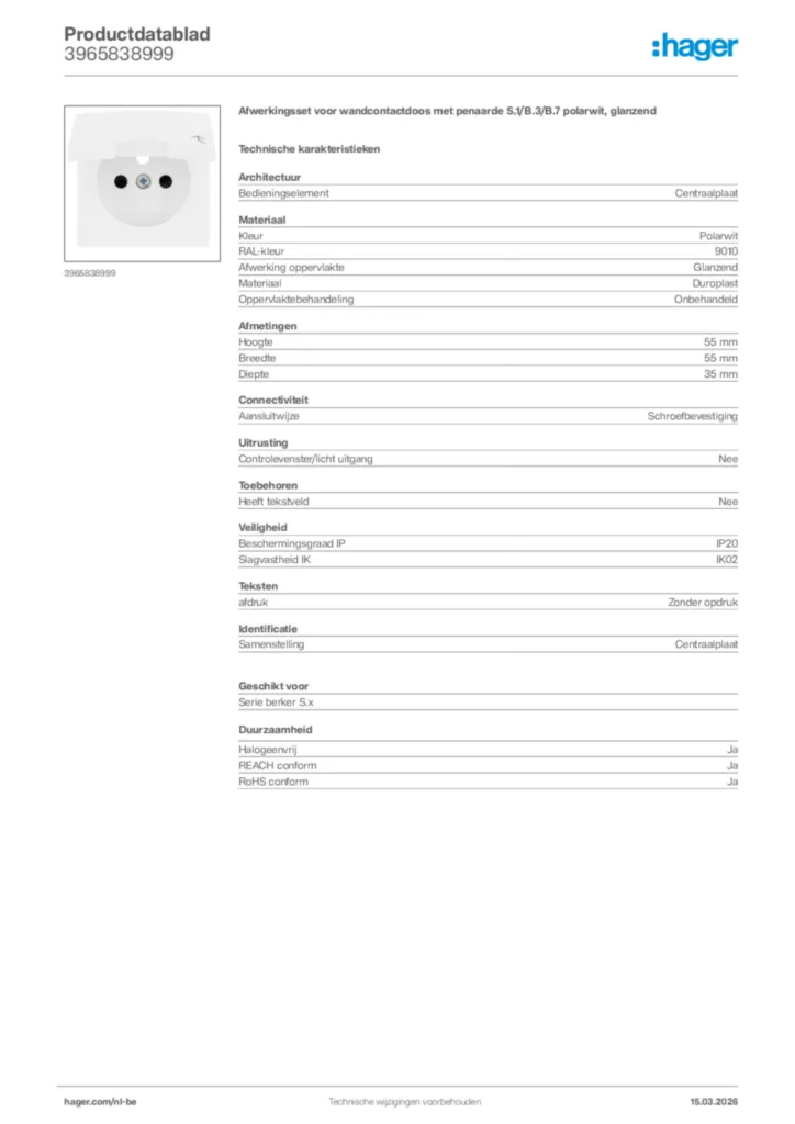 Afbeelding Hager Productdatablad 3965838999 | Hager Belgium