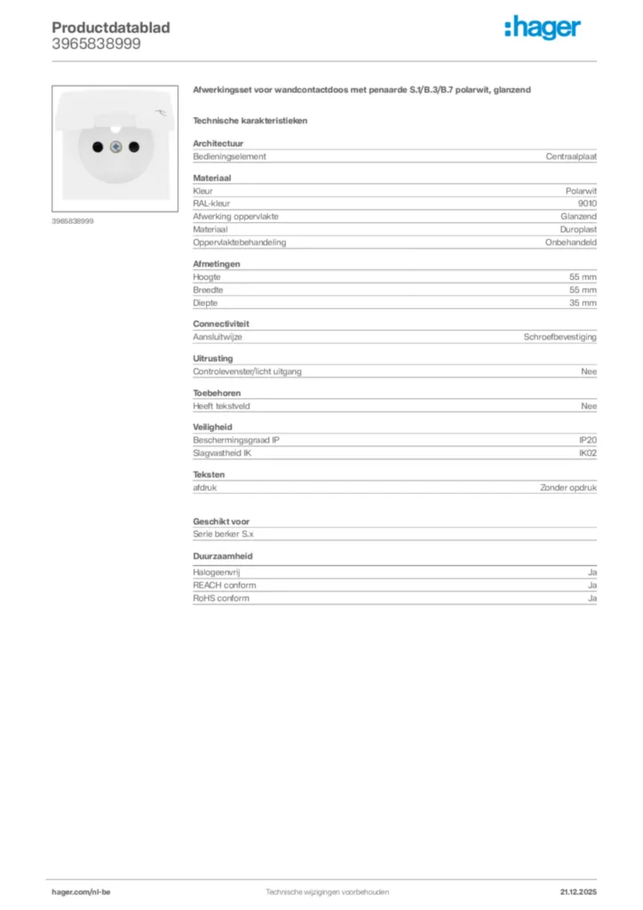 Afbeelding Hager Productdatablad 3965838999 | Hager Belgium