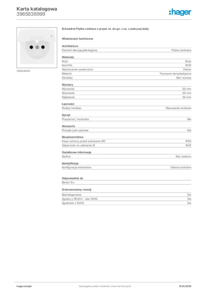 Zdjęcie Hager Karta katalogowa 3965838999 | Hager Polska