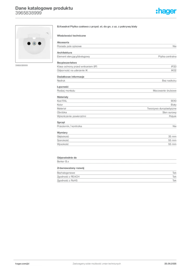 Zdjęcie Hager Dane katalogowe produktu 3965838999 | Hager Polska