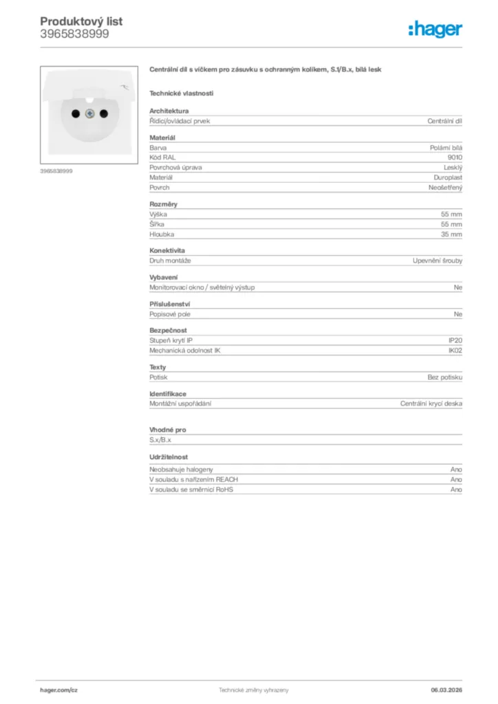 Obrázek Hager Product data sheet 3965838999 | Hager