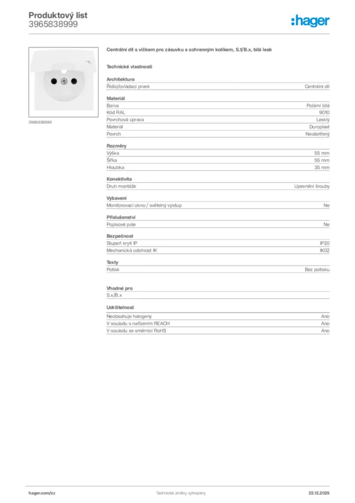 Obrázek Hager Produktový list 3965838999 | Hager