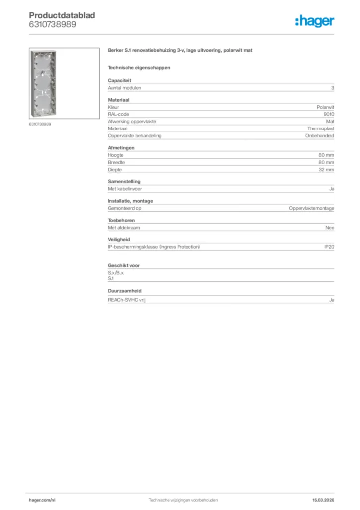 Afbeelding Hager Productdatablad 6310738989 | Hager Nederland