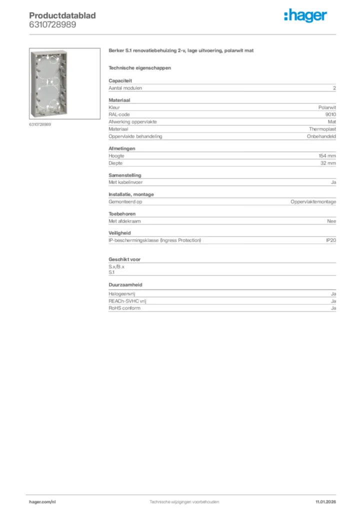 Afbeelding Hager Productdatablad 6310728989 | Hager Nederland