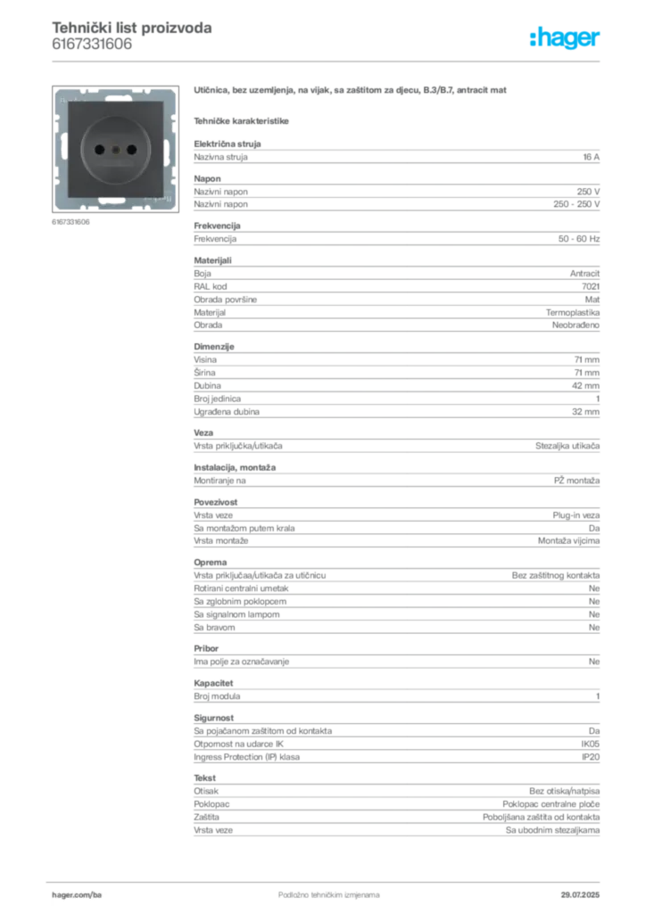 Slika Hager Product data sheet 6167331606  | Hager