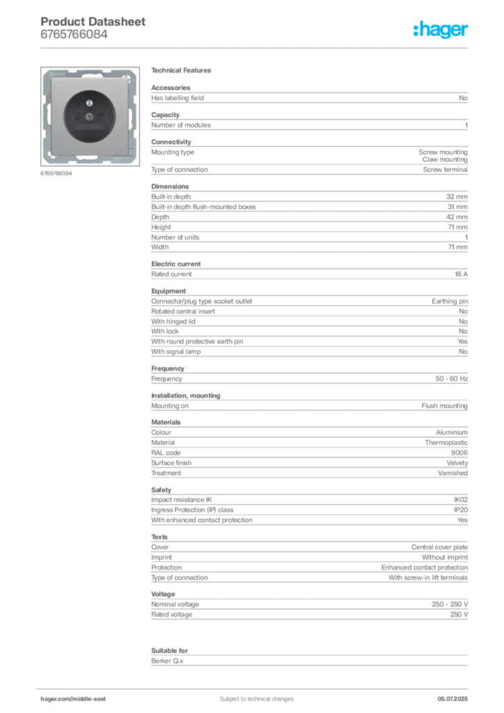 Image Hager Product data sheet 6765766084  | Hager