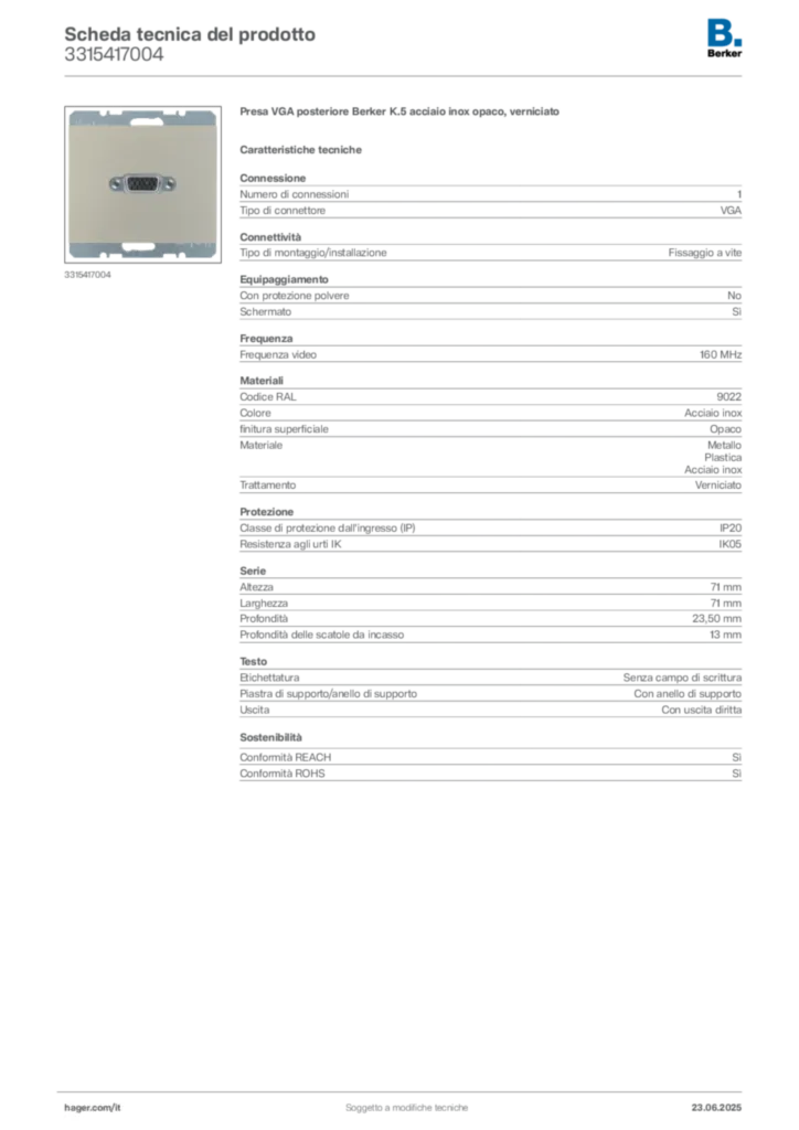 Immagine Berker Scheda tecnica del prodotto 3315417004 | Hager Italia