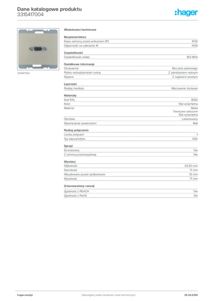 Zdjęcie Hager Dane katalogowe produktu 3315417004 | Hager Polska