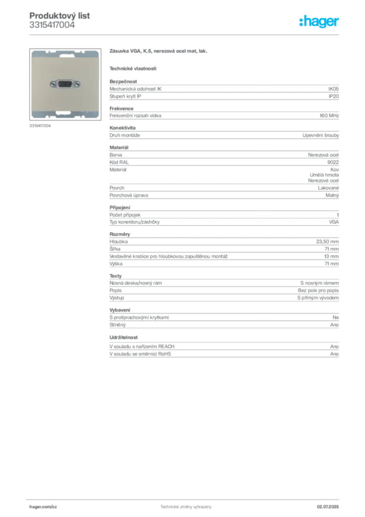 Obrázek Hager Produktový list 3315417004 | Hager
