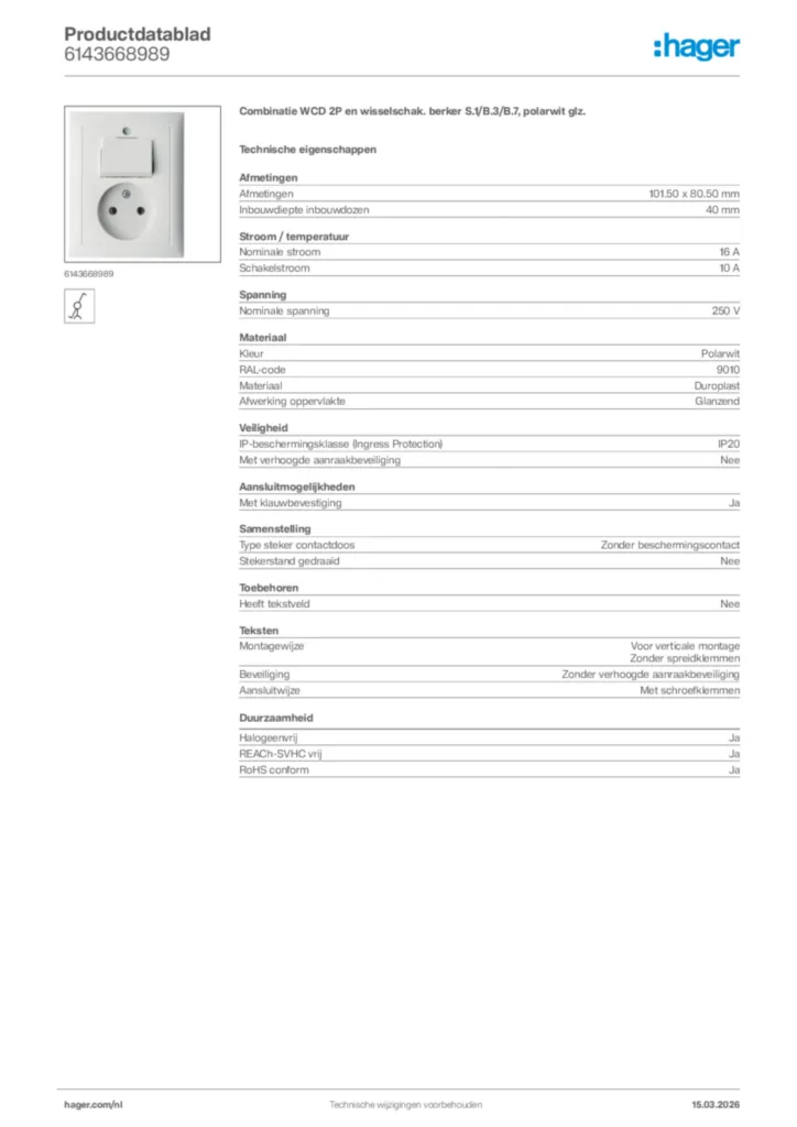 Afbeelding Hager Productdatablad 6143668989 | Hager Nederland