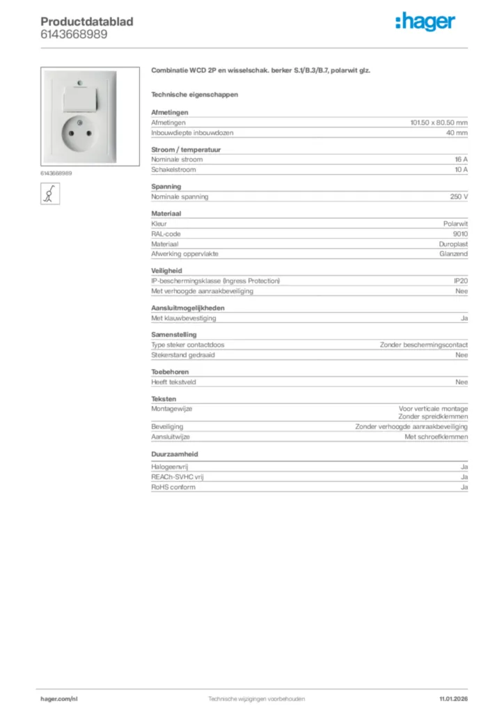 Afbeelding Hager Productdatablad 6143668989 | Hager Nederland
