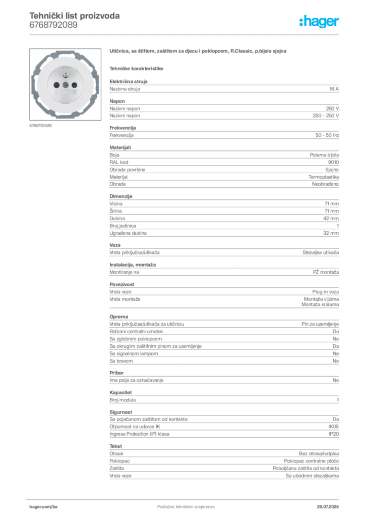 Slika Hager Product data sheet 6768792089  | Hager
