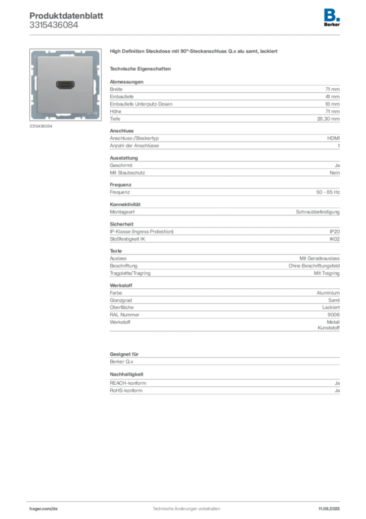 Bild Berker Produktdatenblatt 3315436084 | Hager Deutschland