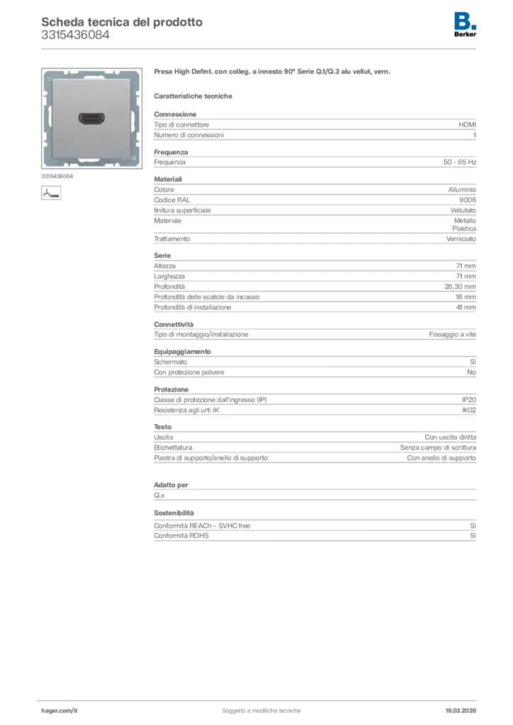 Immagine Berker Scheda tecnica del prodotto 3315436084 | Hager Italia
