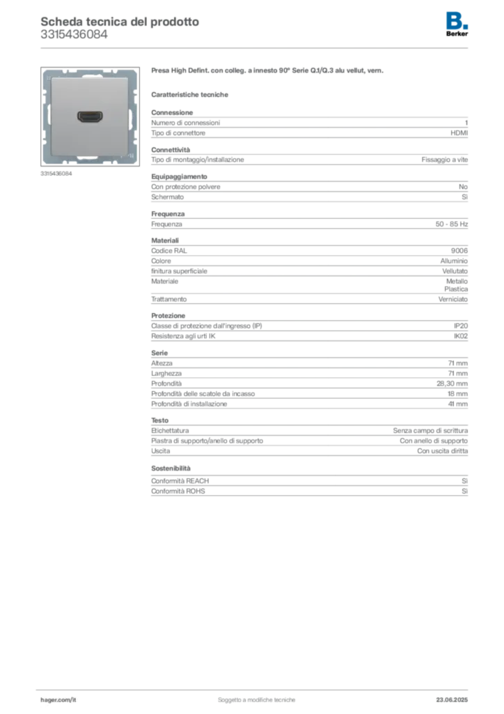 Immagine Berker Scheda tecnica del prodotto 3315436084 | Hager Italia