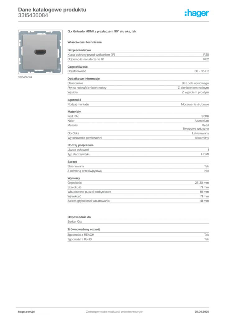 Zdjęcie Hager Dane katalogowe produktu 3315436084 | Hager Polska