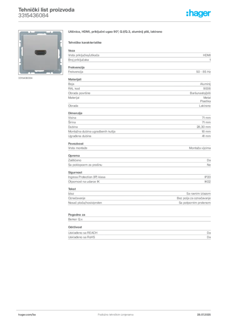 Slika Hager Product data sheet 3315436084  | Hager