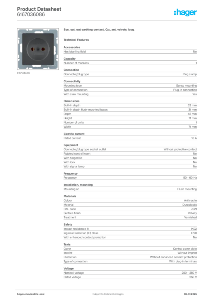 Image Hager Product data sheet 6167036086  | Hager