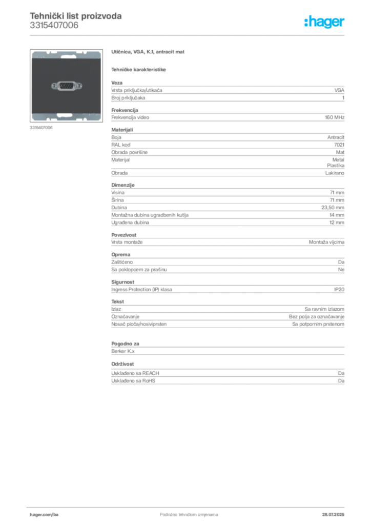 Slika Hager Product data sheet 3315407006  | Hager