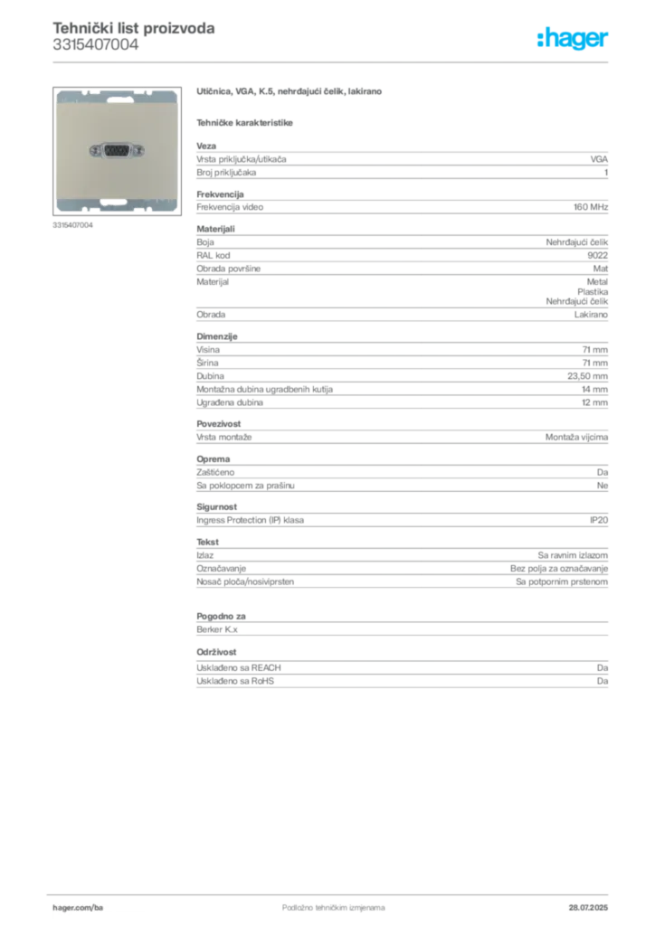 Slika Hager Product data sheet 3315407004  | Hager