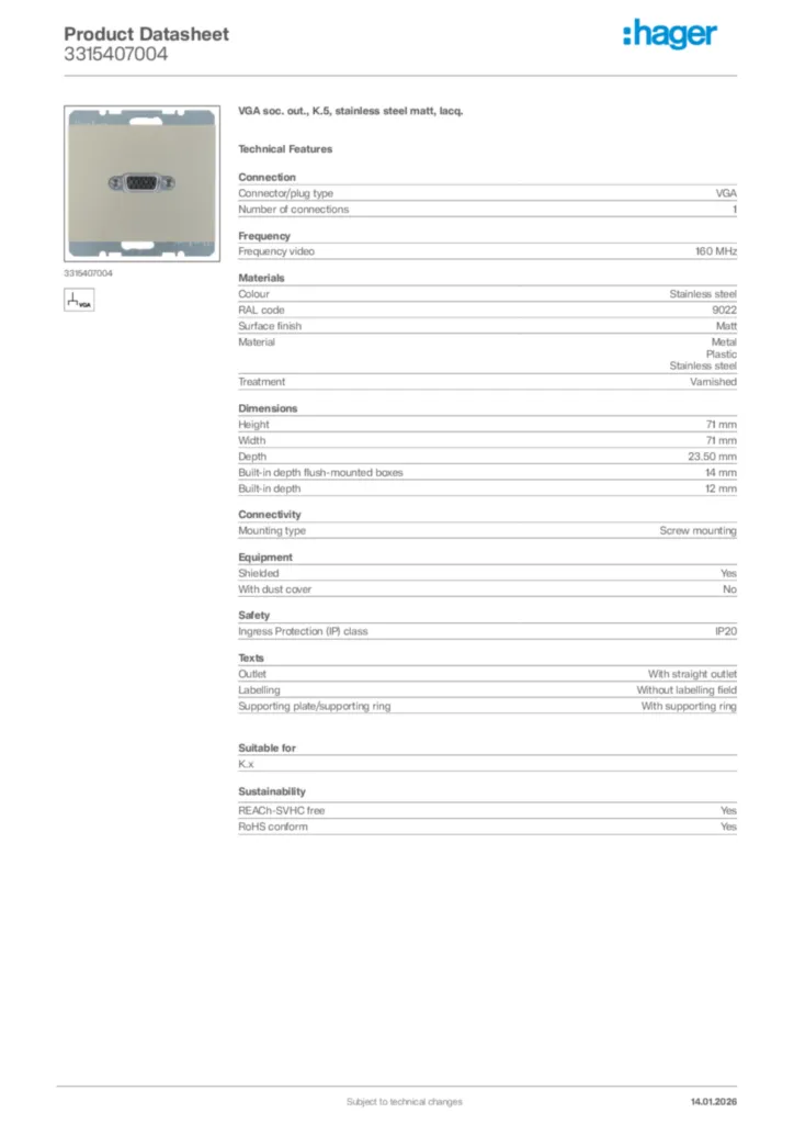 Image Hager Product data sheet 3315407004  | Hager