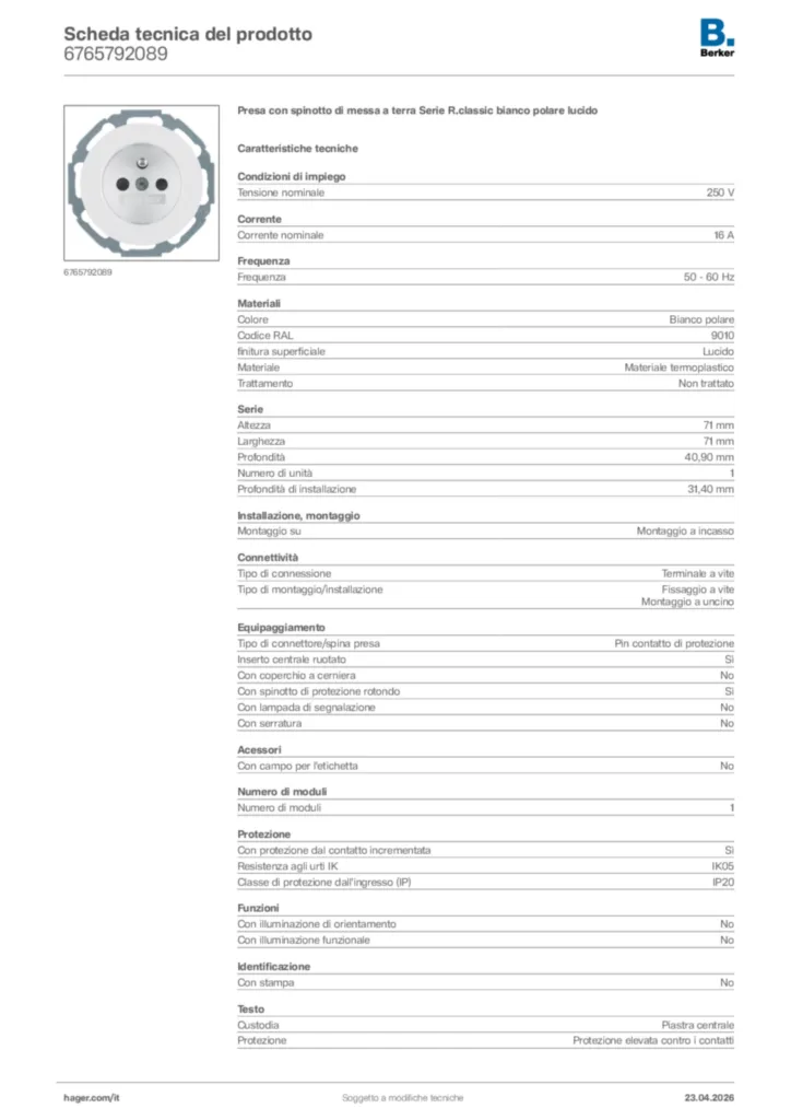 Immagine Berker Scheda tecnica del prodotto 6765792089 | Hager Italia