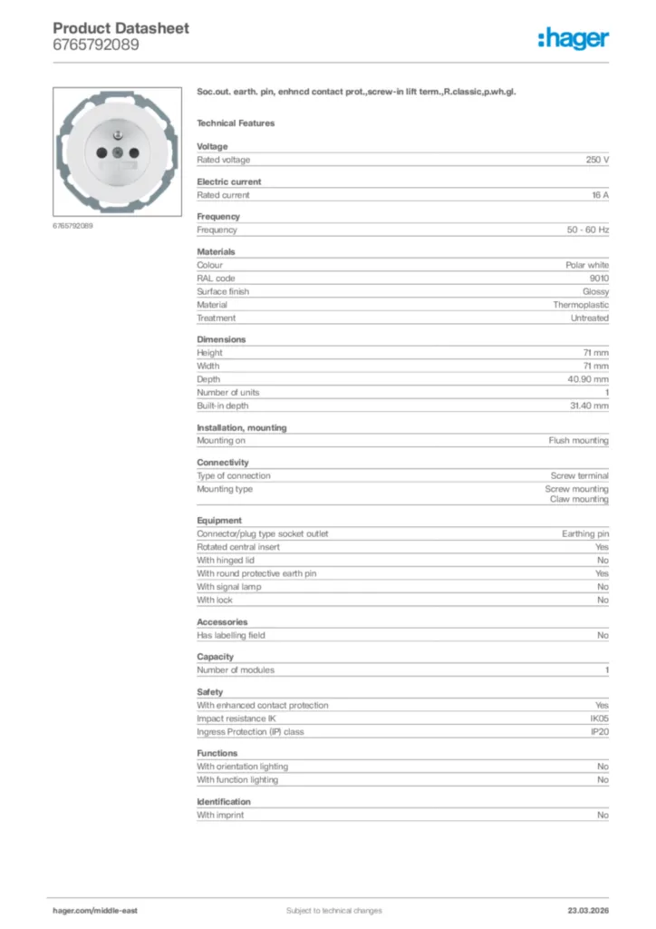 Image Hager Product data sheet 6765792089  | Hager