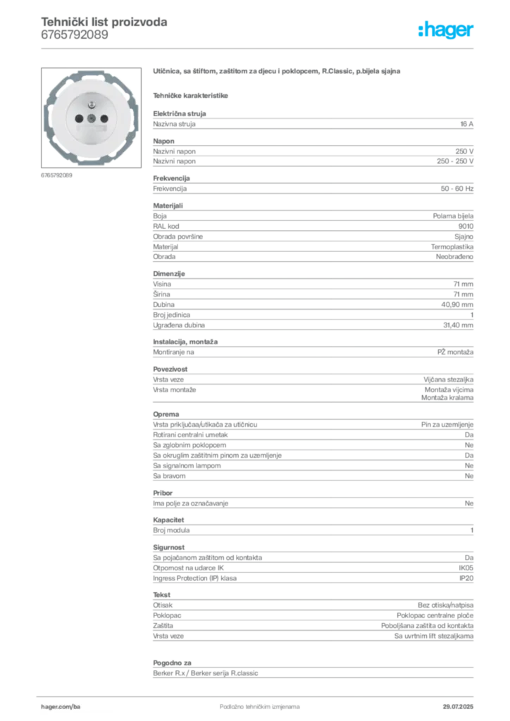 Slika Hager Product data sheet 6765792089  | Hager