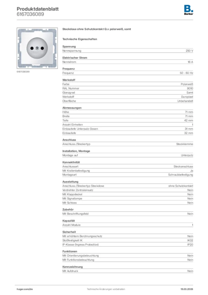 Bild Berker Produktdatenblatt 6167036089 | Hager Deutschland