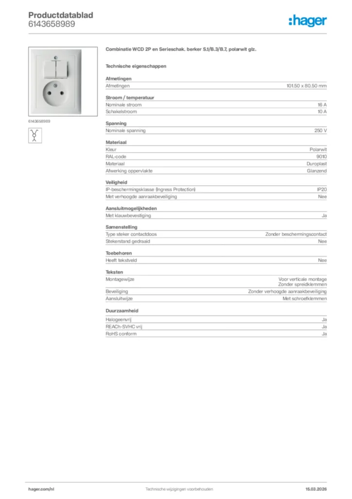 Afbeelding Hager Productdatablad 6143658989 | Hager Nederland