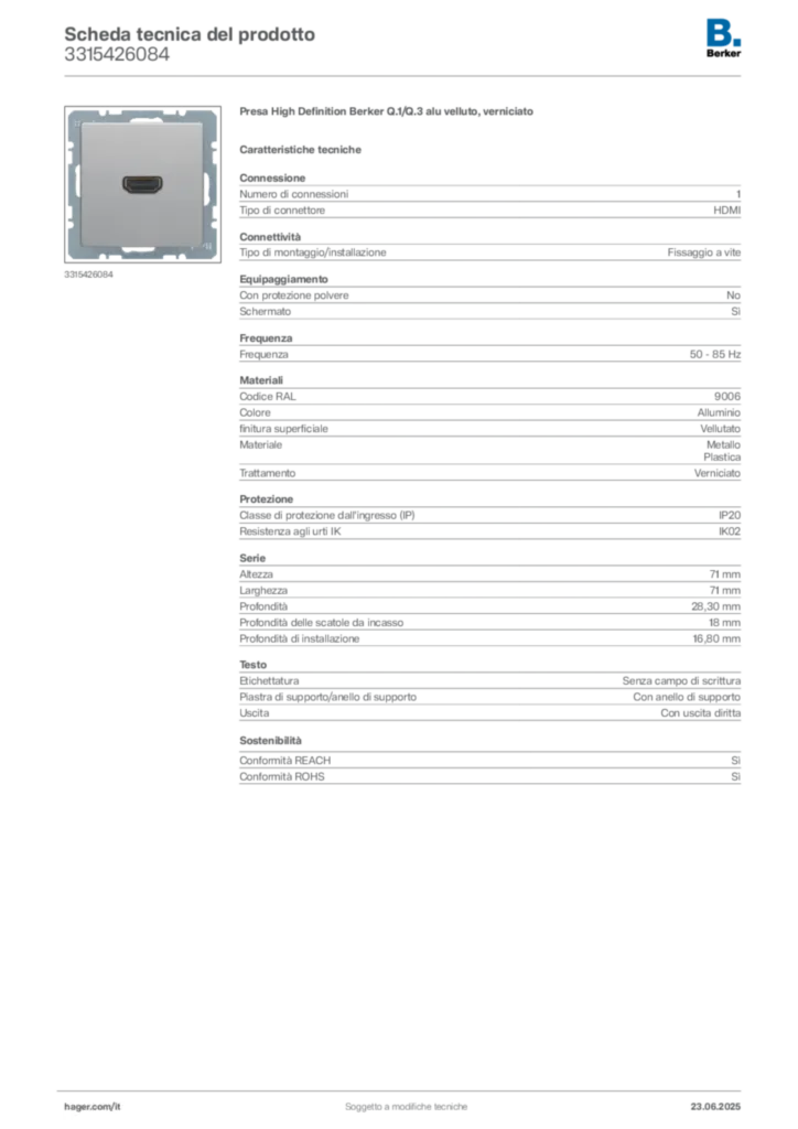 Immagine Berker Scheda tecnica del prodotto 3315426084 | Hager Italia