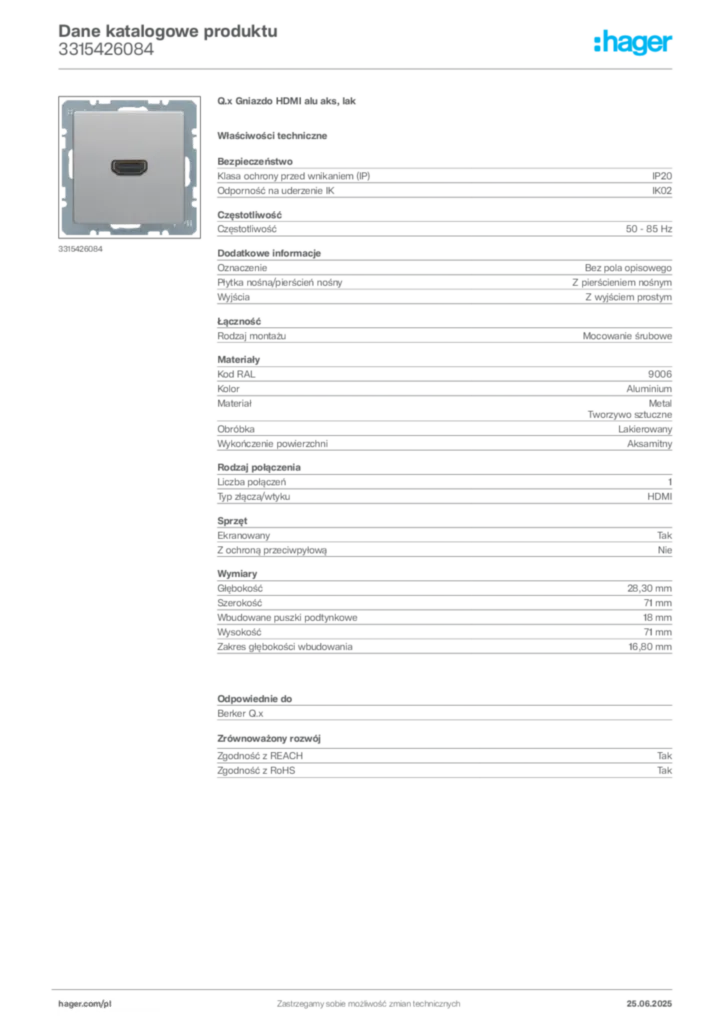 Zdjęcie Hager Dane katalogowe produktu 3315426084 | Hager Polska