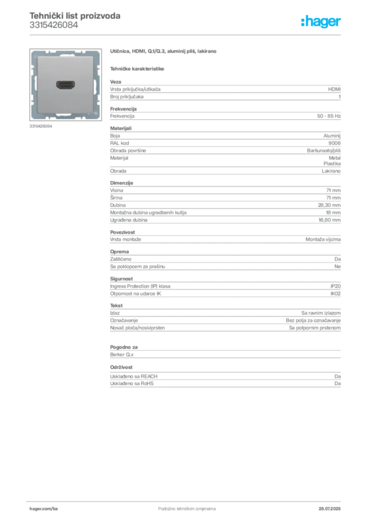 Slika Hager Product data sheet 3315426084  | Hager