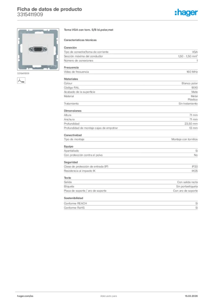 Imagen Hager Ficha de datos de producto 3315411909 | Hager España