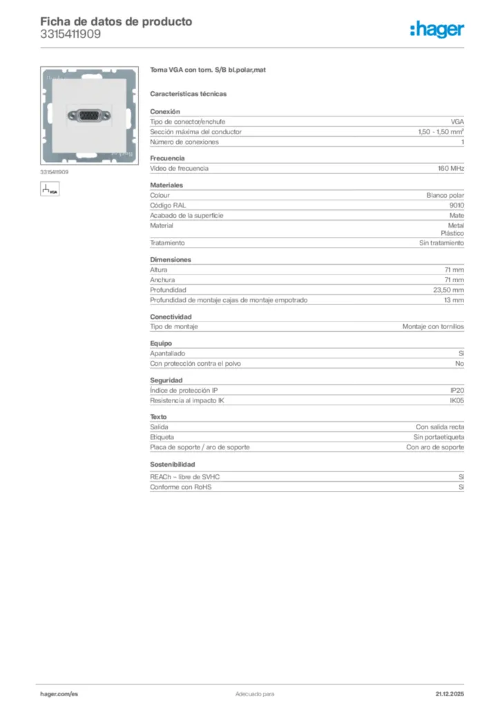 Imagen Hager Ficha de datos de producto 3315411909 | Hager España