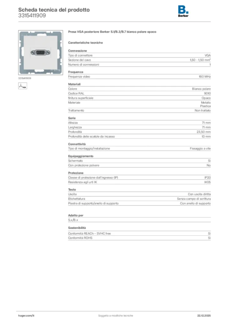 Immagine Berker Scheda tecnica del prodotto 3315411909 | Hager Italia