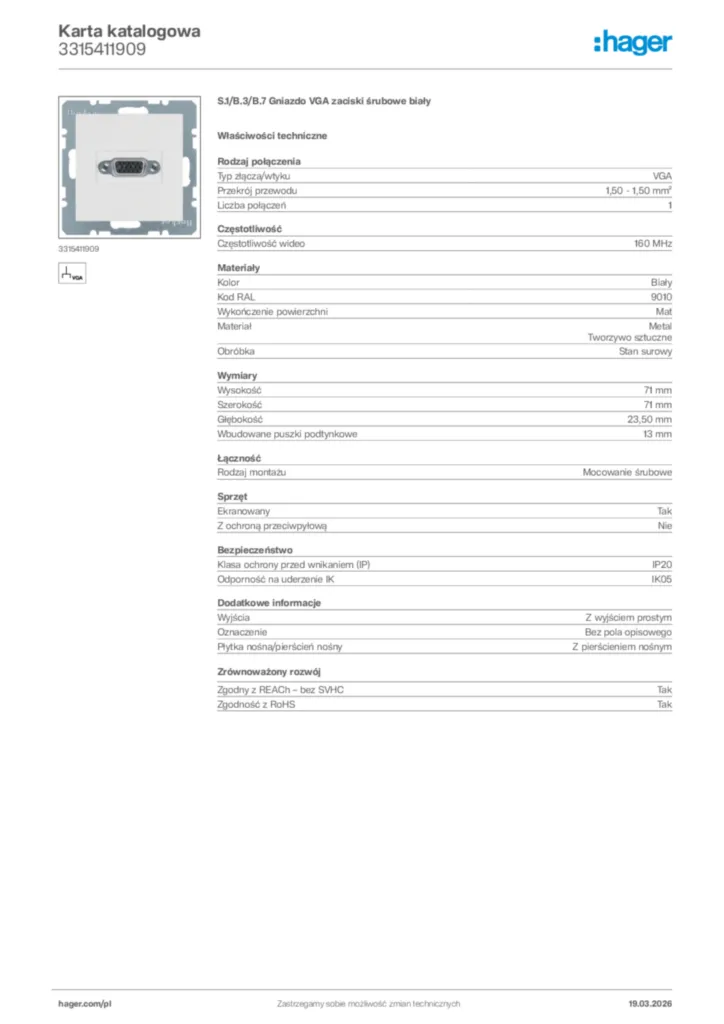 Zdjęcie Hager Karta katalogowa 3315411909 | Hager Polska
