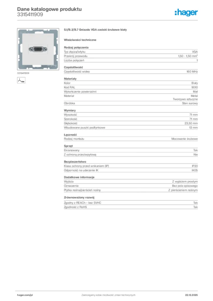 Zdjęcie Hager Dane katalogowe produktu 3315411909 | Hager Polska