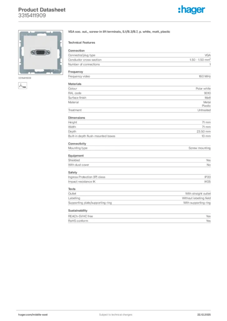 Image Hager Product data sheet 3315411909  | Hager
