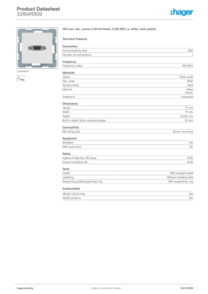 Image Hager Product data sheet 3315411909  | Hager