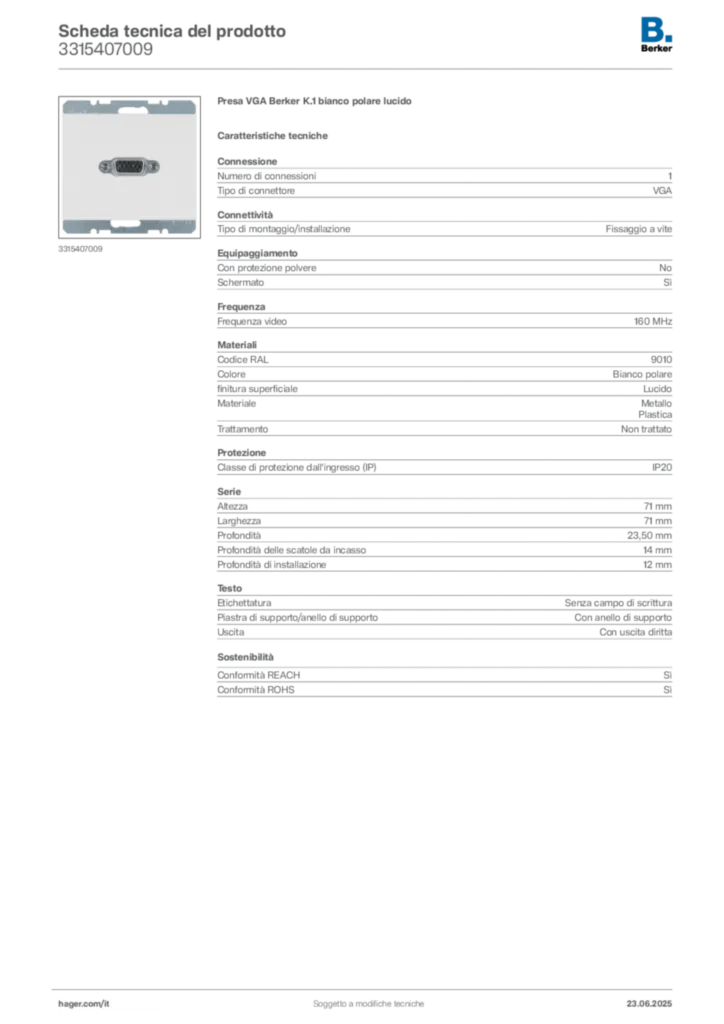Immagine Berker Scheda tecnica del prodotto 3315407009 | Hager Italia